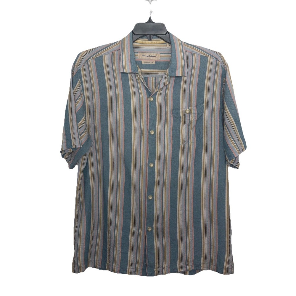 Tommy Bahama Original Fit Silk Camp Shirt Mens Large Light Blue Striped Vacation